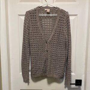DKNY Jeans | Heathered Taupe | Open Knit | V Neck | Cardigan | Buttons | Size M